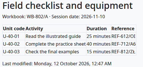 Complete course table with references REF-612/OI, REF-712/A6 and REF-812/ZŁ